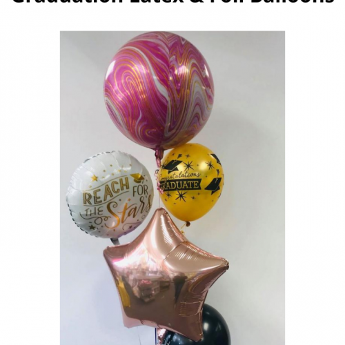 Balloon Bouquet # 10, Pink-Marble-Orbz-With-Graduation-Latex-Foil-Balloons